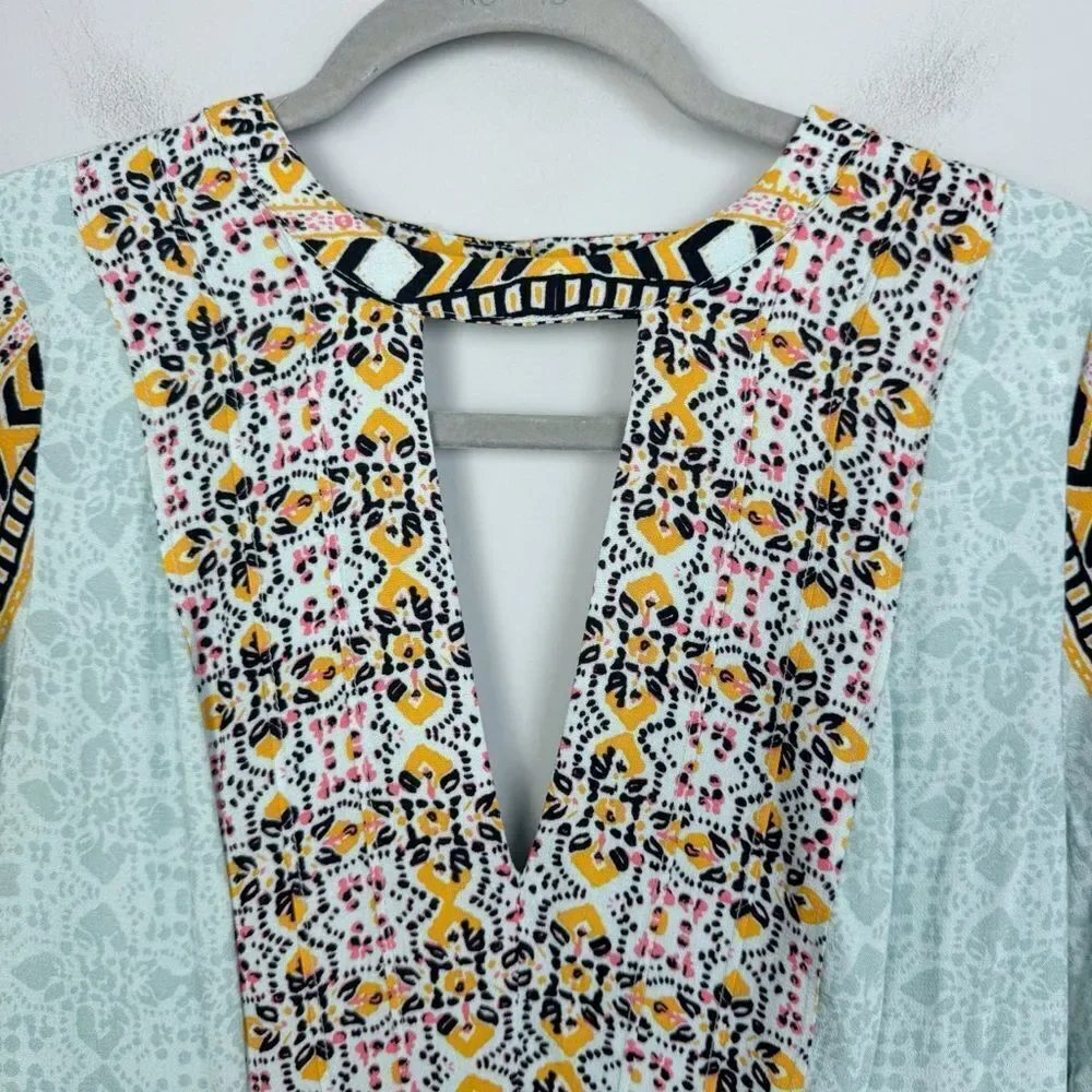 FREE PEOPLE | Teagan Boho Mini Dress Blue Yellow Pink Print Women’s Size 4